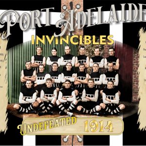 Port Adelaide 1914 Invincibles Fine Art Print featuring the undefeated premiership team restored in realistic colour.