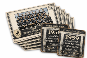 Six in a row postcards and Coaster