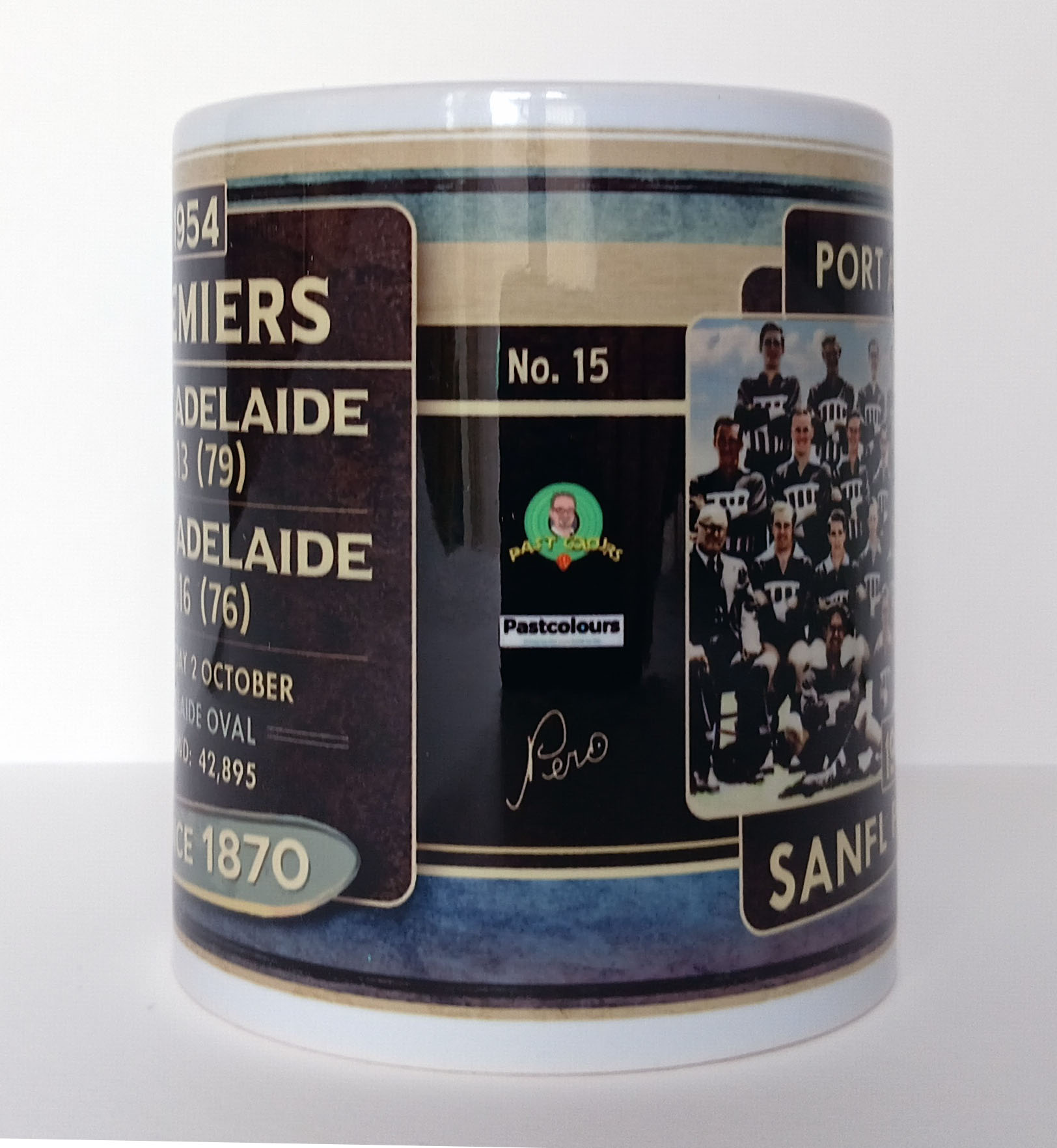 Port Adelaide 1954 Premiers Mug featuring the SANFL Grand Final team in restored colour, side view