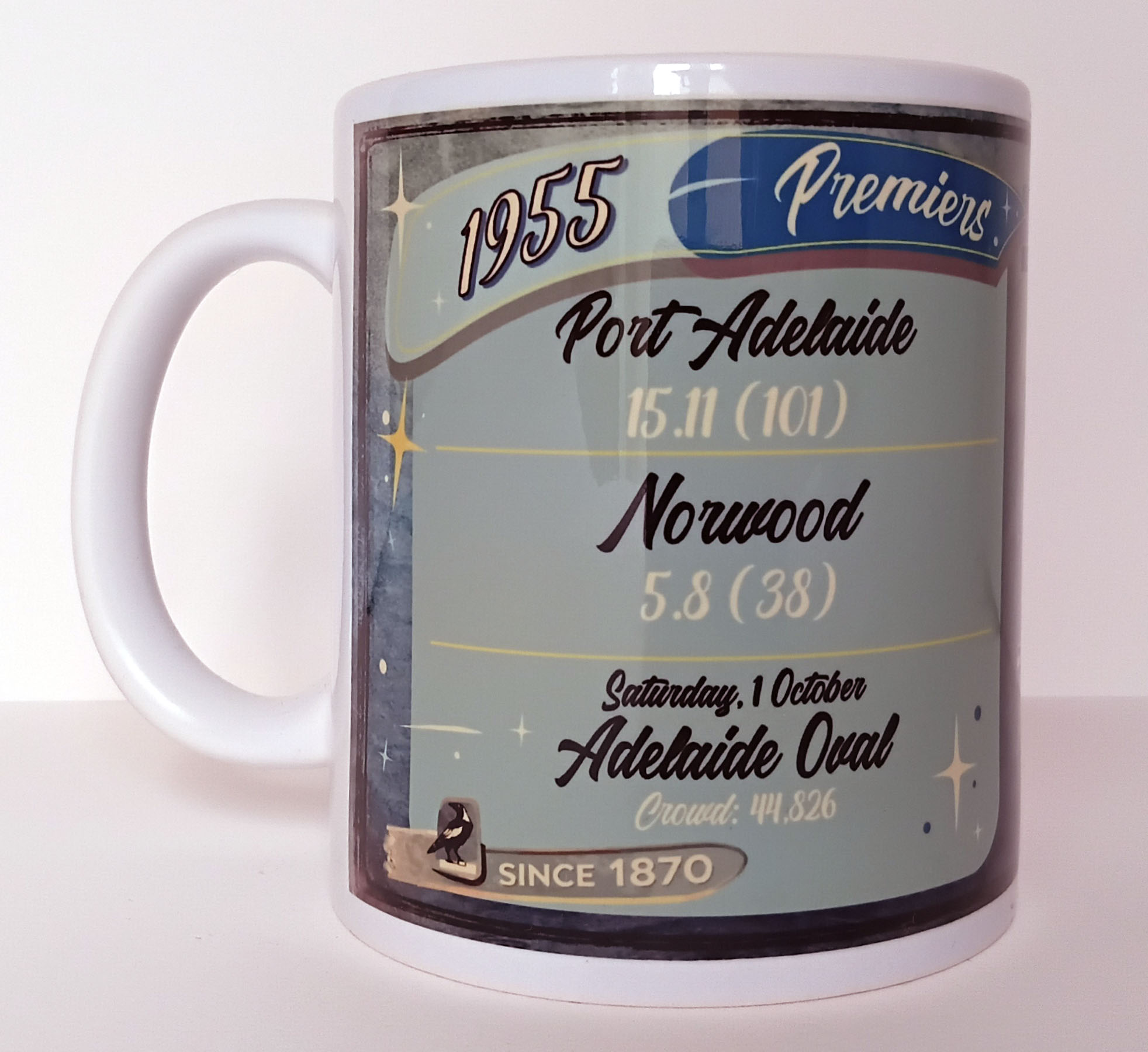Port Adelaide 1954 Premiers Mug featuring the SANFL Grand Final team in restored colour, rear of mug