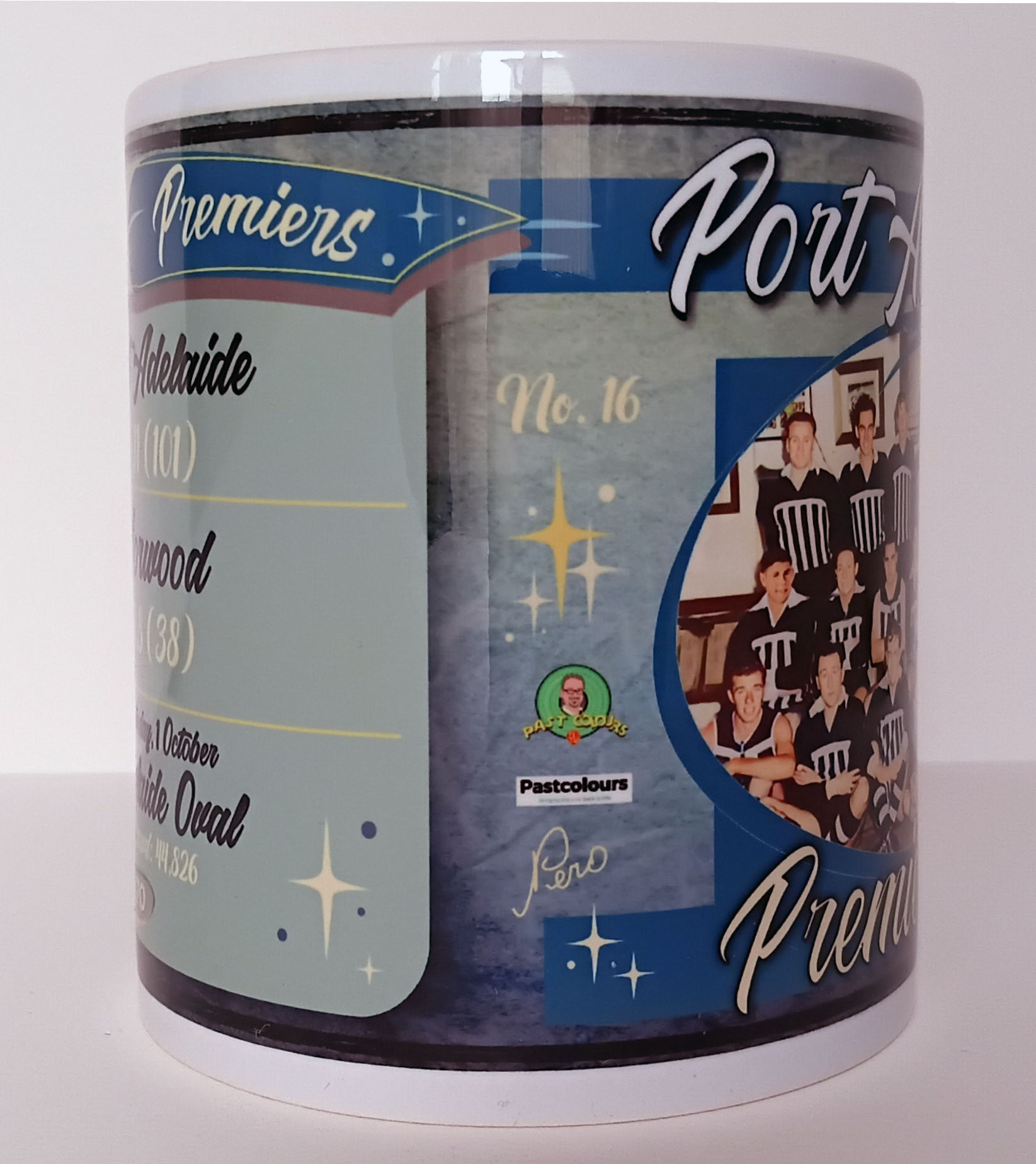 Port Adelaide 1954 Premiers Mug featuring the SANFL Grand Final team in restored colour, side of mug