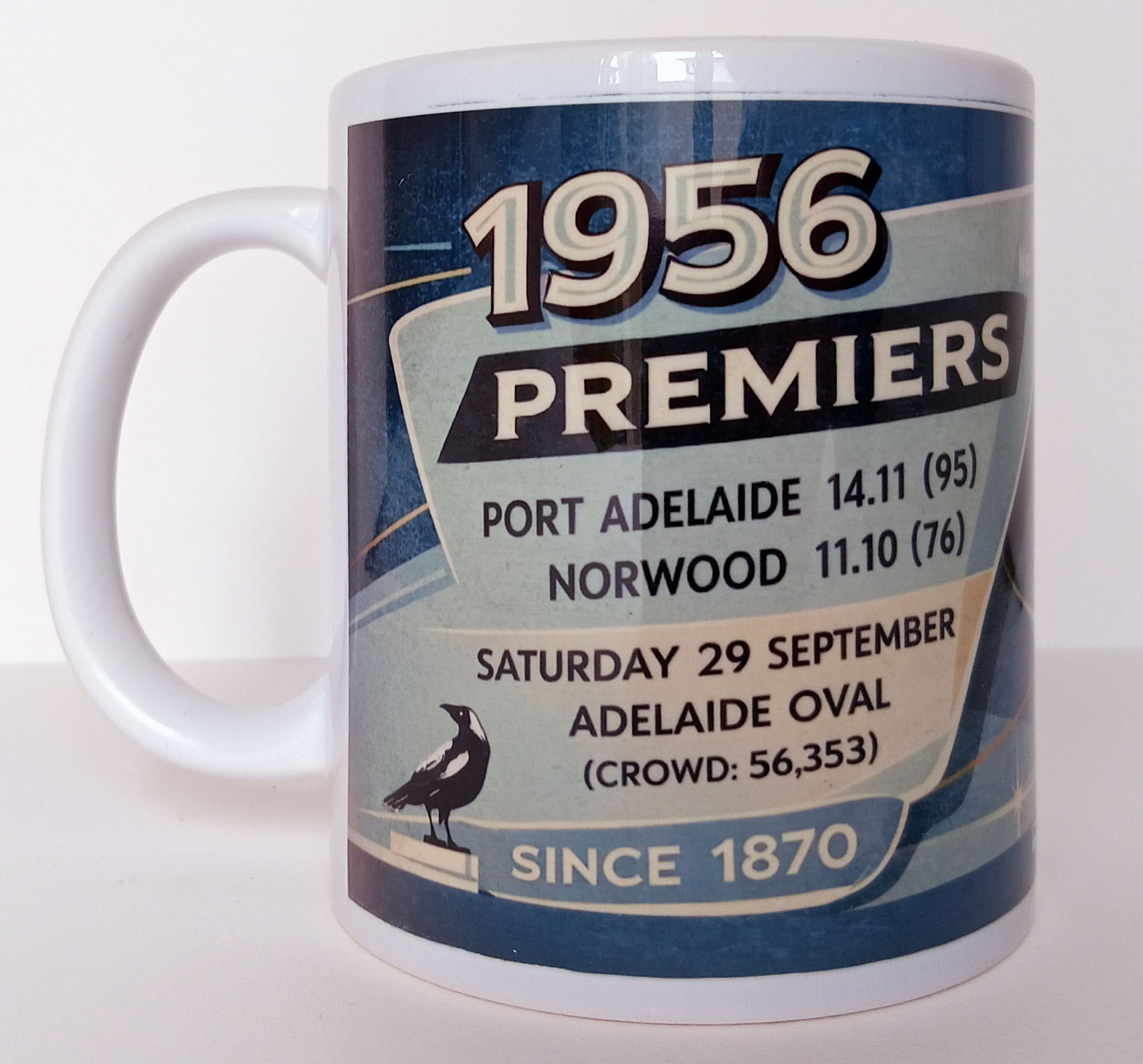Rear view of the Port Adelaide 1956 Premiers Mug with crowd numbers and game scores