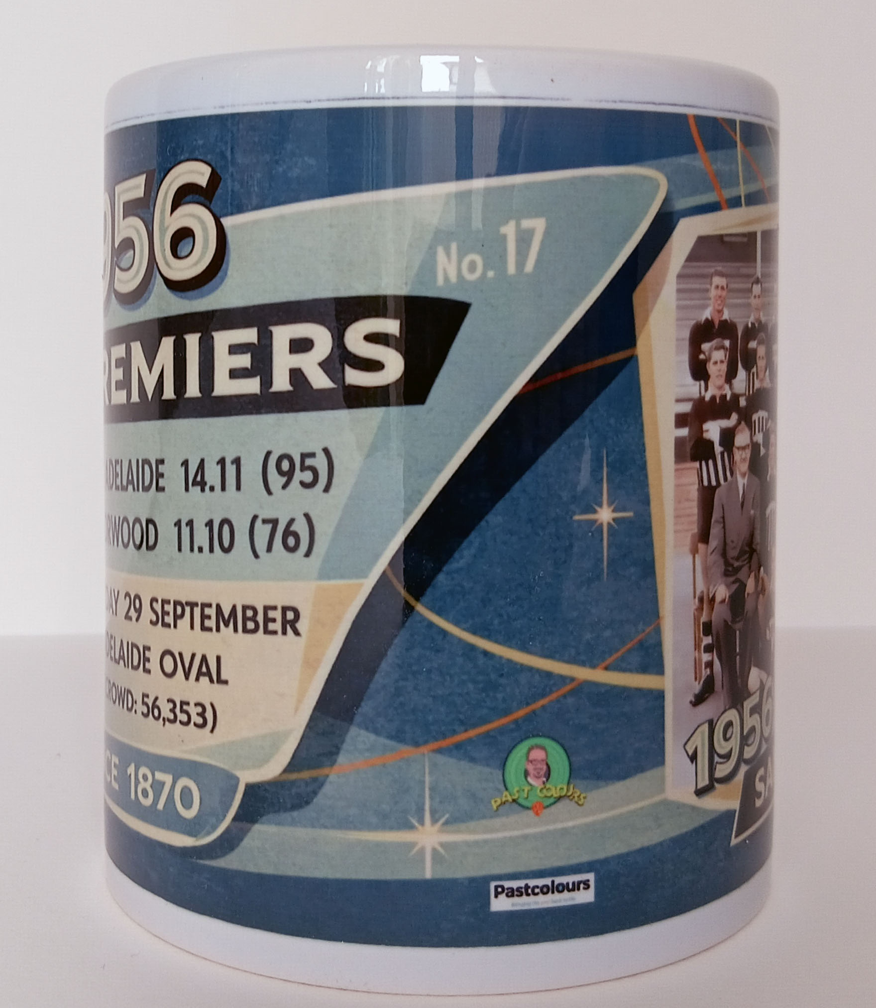 Side view of the Port Adelaide 1956 Premiers Mug featuring the SANFL Grand Final team in restored colour