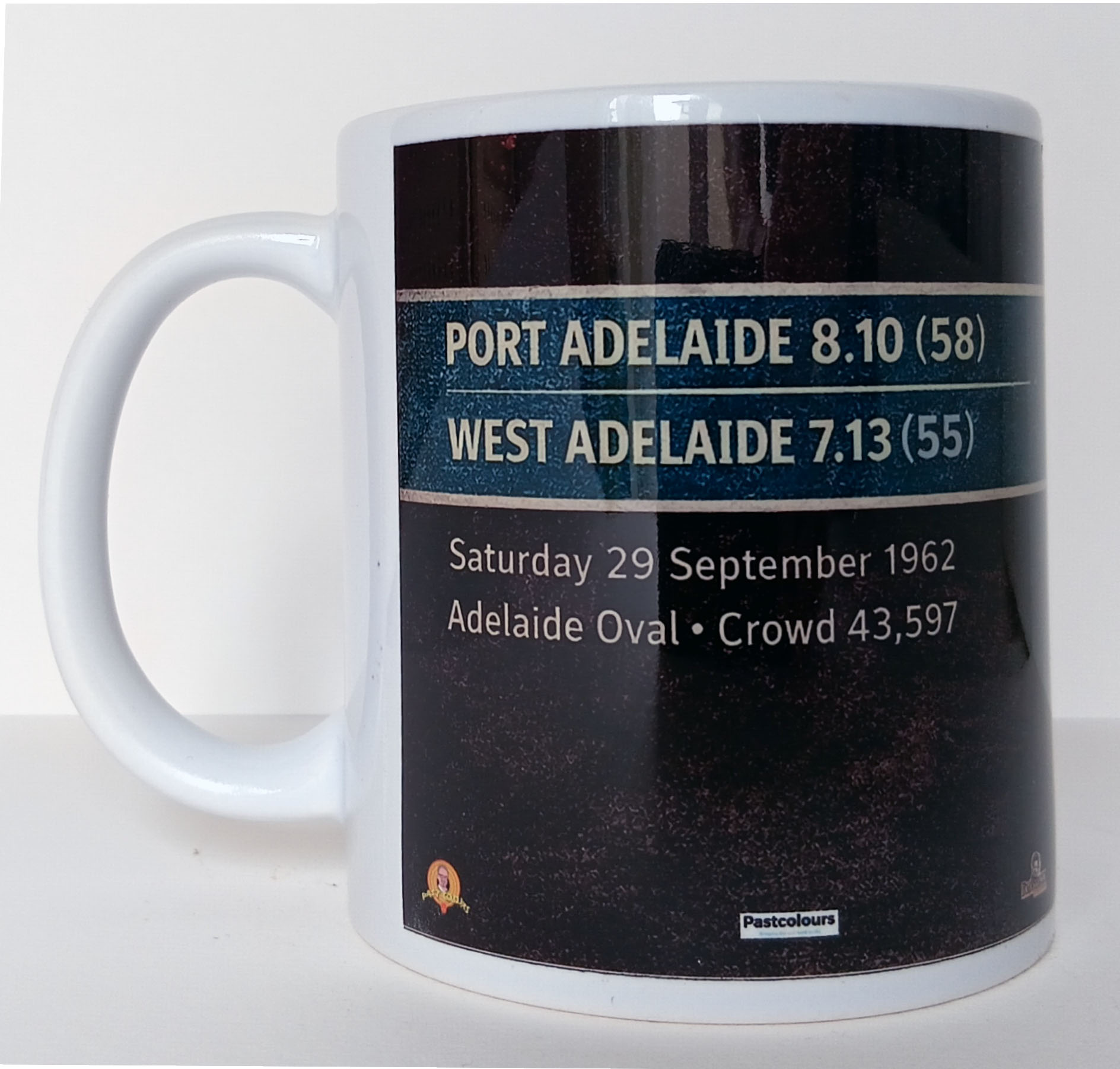 Port Adelaide 1963 Premiers Mug rear panel showing 11.14 (80) def North Adelaide 5.15 (45), Adelaide Oval, crowd 52,688