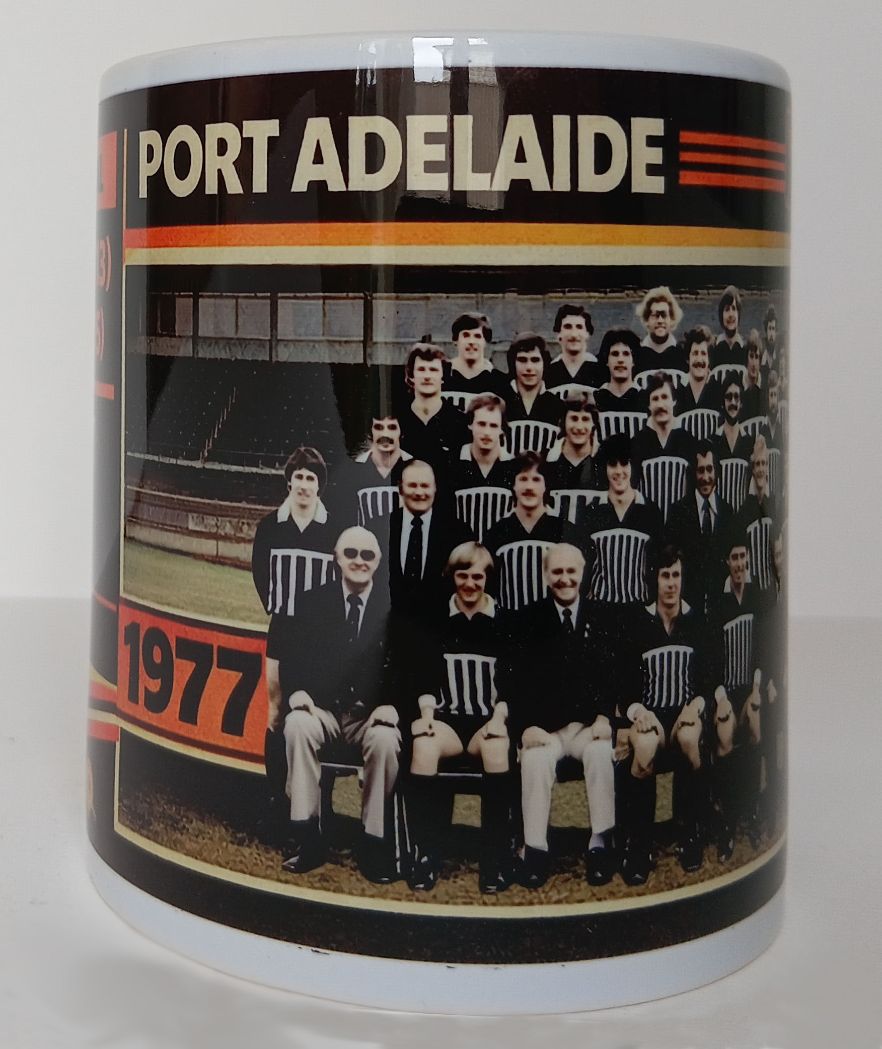 Port Adelaide 1977 SANFL Premiers team mug featuring drought breaker design and restored team photo on angle