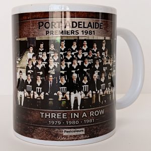 Port Adelaide 1981 SANFL Premiers Mug front featuring restored team photo and Three in a Row 1979–1981 design